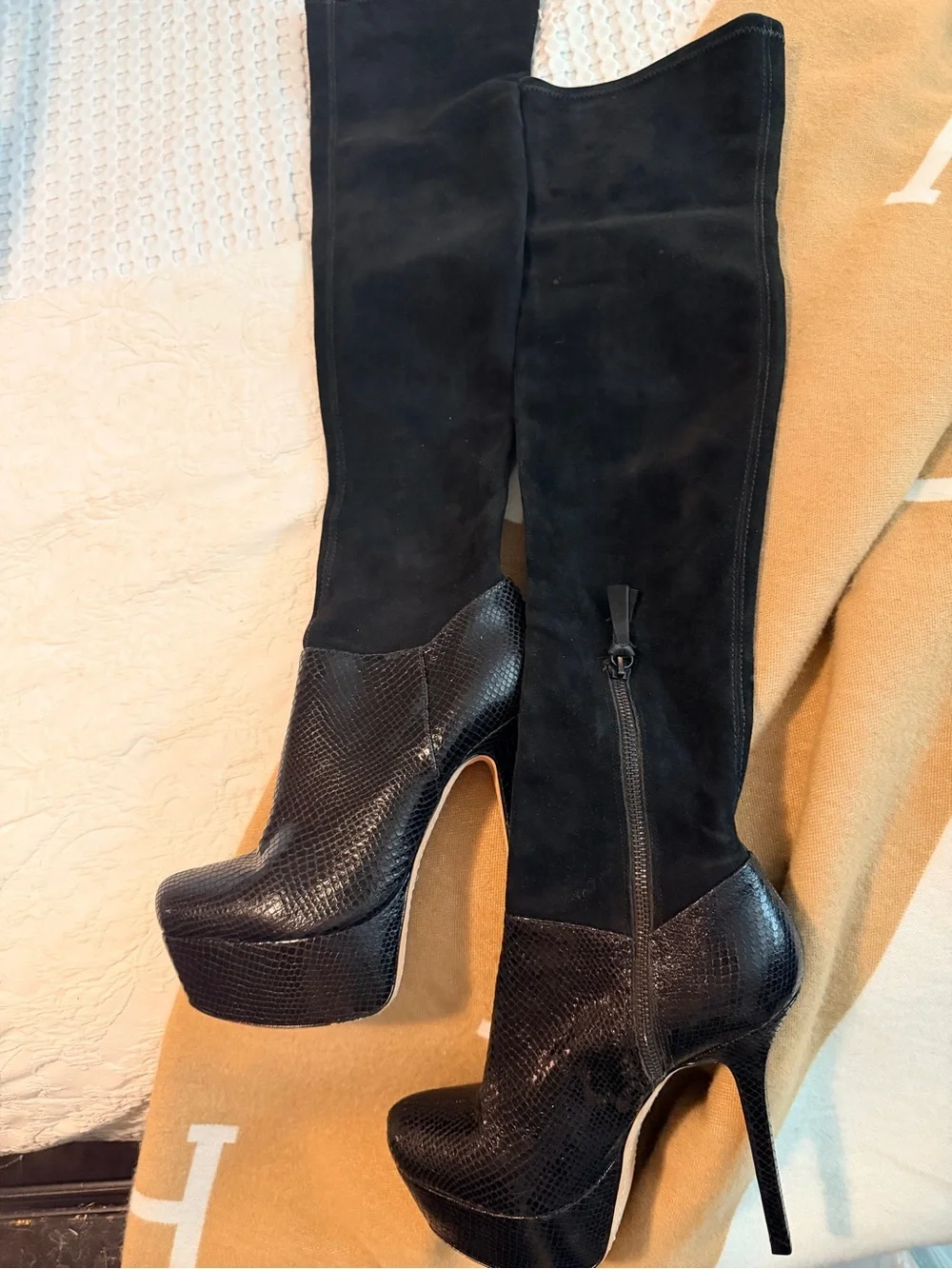 Alice + Olivia Black Over‑The‑Knee Platform Stiletto Boots